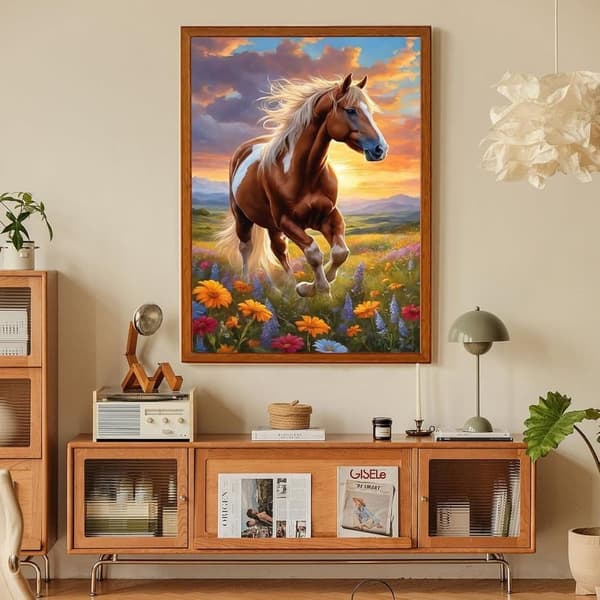 Bomclap Blommande Häst - 5D rundborrmönster djurmotiv, diamantpyssel för väggdekoration 30x40 cm