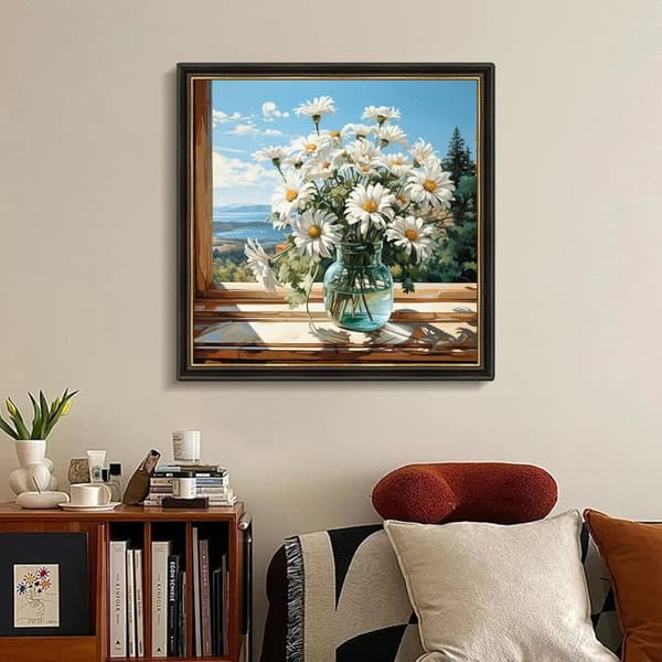 Bomclap Prästkragemåla Diamantmålning - 5D blomsterlandskap med rundpärlor, 35x35 cm