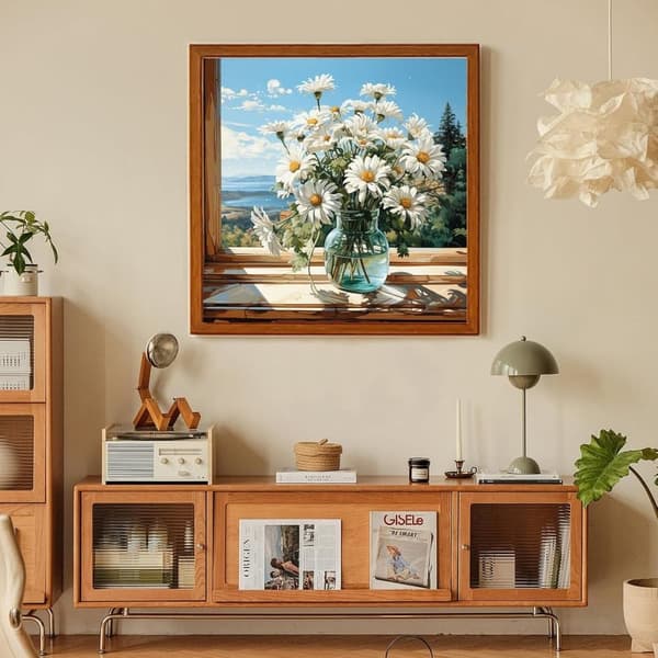Bomclap Prästkragemåla Diamantmålning - 5D blomsterlandskap med rundpärlor, 35x35 cm