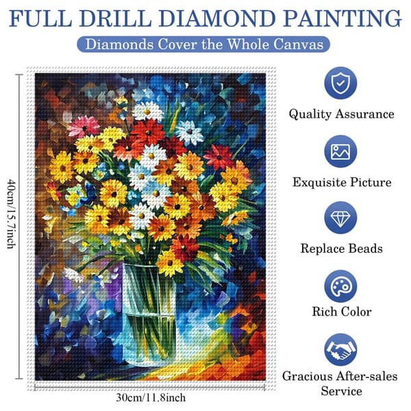 5D Diamond Painting – Färgrik Blomsterbouquet DIY Pärlkonst för Vuxna & Nybörjare, 30x40cm, Heminredning