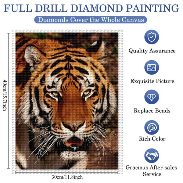 5D Timanttimaalaus – Majestic Tiger DIY -helmitaidetta aikuisille ja aloittelijoille, 30x40cm, kodin sisustus