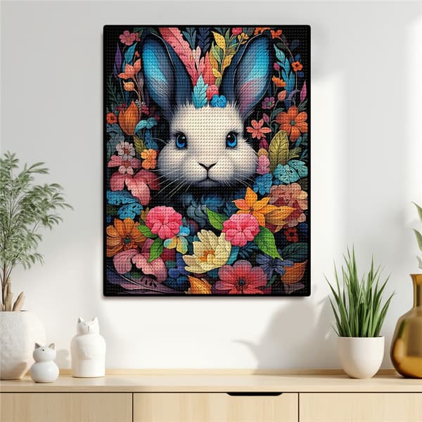 5D Diamond Painting – Färgrik Blommig Kanin DIY Pärlkonst för Vuxna & Nybörjare, 30x40cm, Heminredning