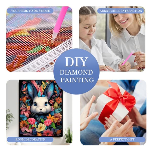 5D Diamond Painting – Färgrik Blommig Kanin DIY Pärlkonst för Vuxna & Nybörjare, 30x40cm, Heminredning