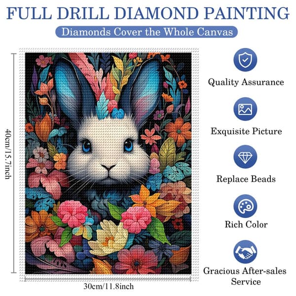 5D Diamond Painting – Färgrik Blommig Kanin DIY Pärlkonst för Vuxna & Nybörjare, 30x40cm, Heminredning