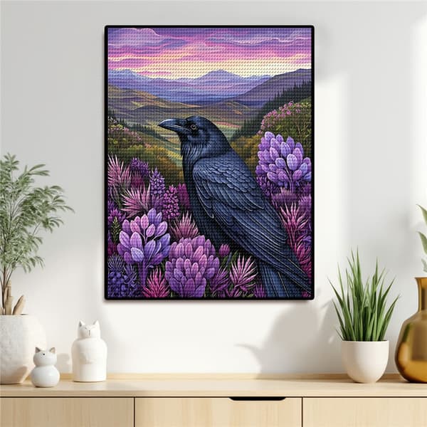5D Diamond Painting – Svart Kråka i Purpurblommig Landskap DIY Pärlkonst för Vuxna & Nybörjare, 30x40cm, Heminredning