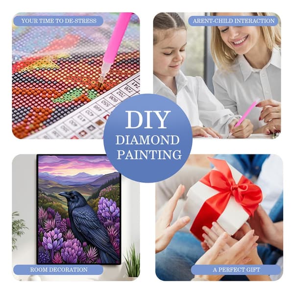 5D Diamond Painting – Svart Kråka i Purpurblommig Landskap DIY Pärlkonst för Vuxna & Nybörjare, 30x40cm, Heminredning