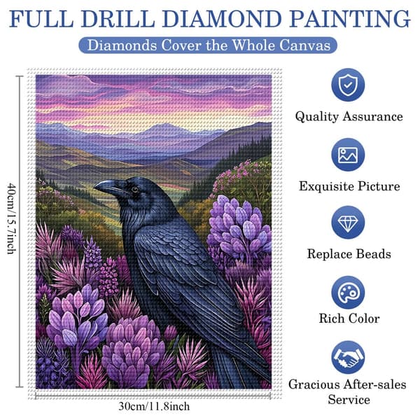 5D Diamond Painting – Svart Kråka i Purpurblommig Landskap DIY Pärlkonst för Vuxna & Nybörjare, 30x40cm, Heminredning