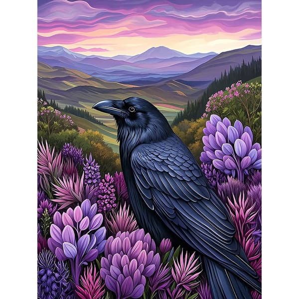 5D Diamond Painting – Svart Kråka i Purpurblommig Landskap DIY Pärlkonst för Vuxna & Nybörjare, 30x40cm, Heminredning