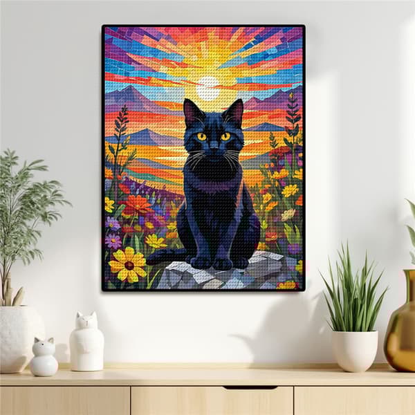 5D Diamond Painting – Svart Katt mot Färgsprakande Solnedgång DIY Pärlkonst för Vuxna & Nybörjare, 30x40cm, Heminredning