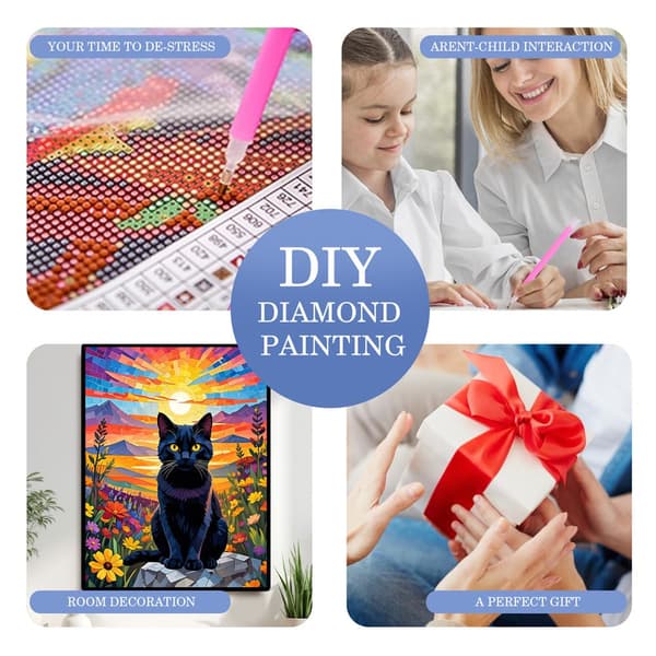 5D Diamond Painting – Svart Katt mot Färgsprakande Solnedgång DIY Pärlkonst för Vuxna & Nybörjare, 30x40cm, Heminredning