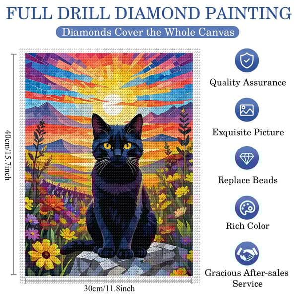 5D Diamond Painting – Svart Katt mot Färgsprakande Solnedgång DIY Pärlkonst för Vuxna & Nybörjare, 30x40cm, Heminredning