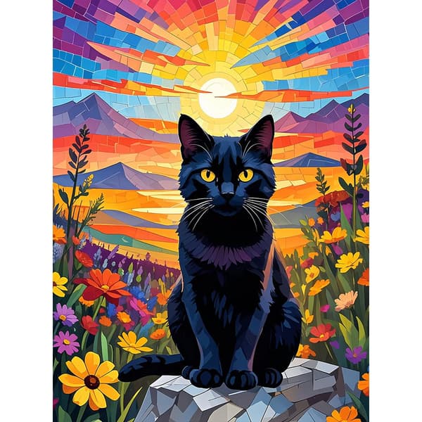 5D Diamond Painting – Svart Katt mot Färgsprakande Solnedgång DIY Pärlkonst för Vuxna & Nybörjare, 30x40cm, Heminredning