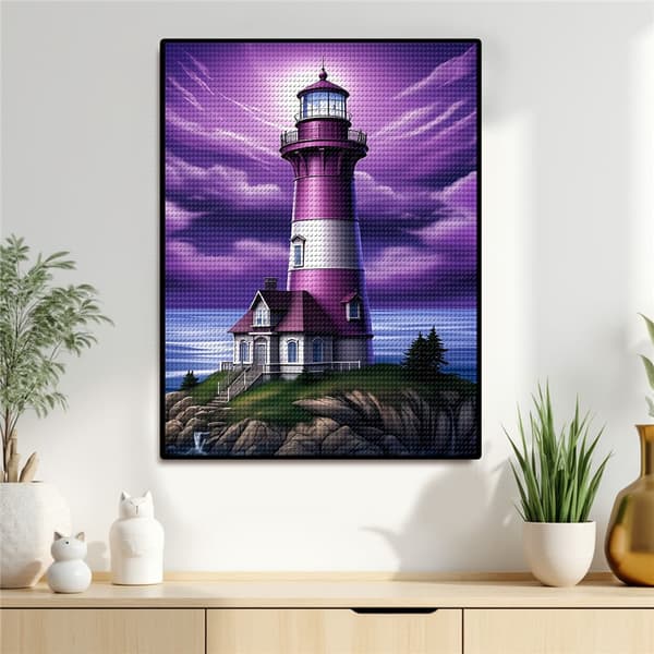 5D Diamond Painting – Purpur Fyr på Klippö DIY Pärlkonst för Vuxna & Nybörjare, 30x40cm, Heminredning