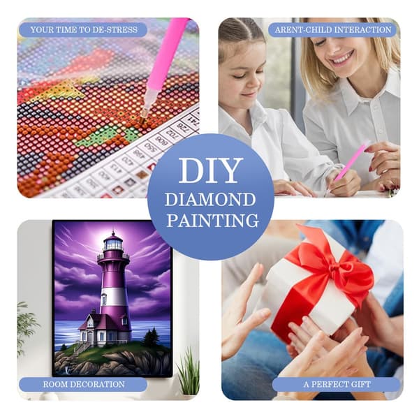5D Diamond Painting – Purpur Fyr på Klippö DIY Pärlkonst för Vuxna & Nybörjare, 30x40cm, Heminredning