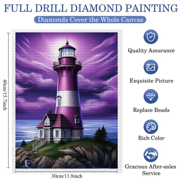 5D Diamond Painting – Purpur Fyr på Klippö DIY Pärlkonst för Vuxna & Nybörjare, 30x40cm, Heminredning