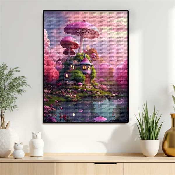 5D Timanttimaalaus – Maaginen Sienitalo vaaleanpunaisessa maailmassa DIY-helmitaidetta aikuisille ja aloittelijoille, 30x40cm, kodin sisustus