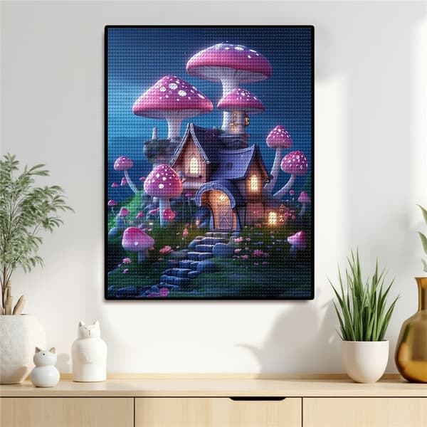 5D Timanttimaalaus – Salaperäinen sienitalo yön taikuudessa, DIY-helmitaidetta aikuisille ja aloittelijoille, 30x40cm, kodin sisustus