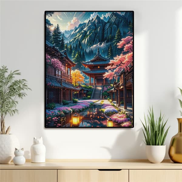 5D Timanttimaalaus – Perinteinen Aasian maaseutu DIY-helmitaidetta aikuisille ja aloittelijoille, 30x40cm, kodin sisustus