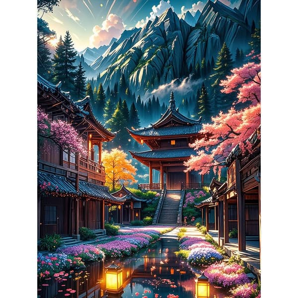 5D Timanttimaalaus – Perinteinen Aasian maaseutu DIY-helmitaidetta aikuisille ja aloittelijoille, 30x40cm, kodin sisustus