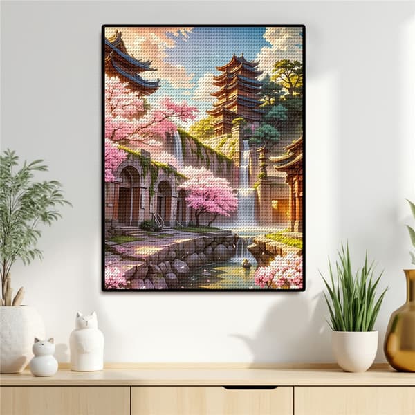 5D Diamond Painting – Orientalisk Trädgård med Blommande Sakura DIY Pärlkonst för Vuxna & Nybörjare, 30x40cm, Heminredning