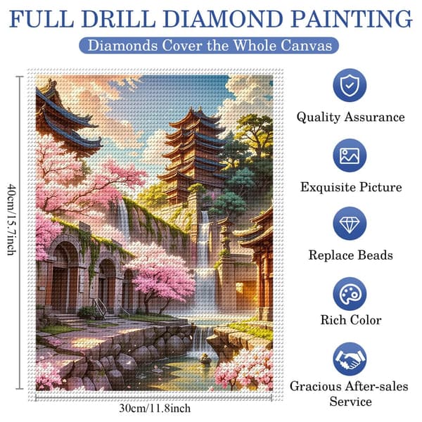 5D Diamond Painting – Orientalisk Trädgård med Blommande Sakura DIY Pärlkonst för Vuxna & Nybörjare, 30x40cm, Heminredning