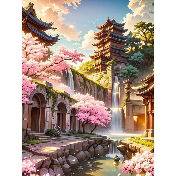 5D Diamond Painting – Orientalisk Trädgård med Blommande Sakura DIY Pärlkonst för Vuxna & Nybörjare, 30x40cm, Heminredning