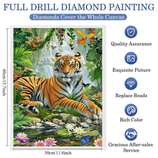 5D Diamond Painting – Tiger i Tropisk Värld DIY Pärlkonst för Vuxna & Nybörjare, 30x40cm, Heminredning