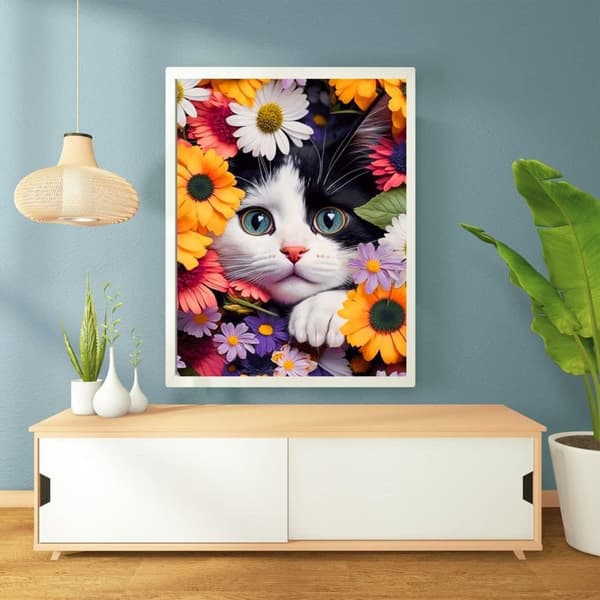 Bomclap Diamantmålning: Blomsterkatt Full Drill DIY 30x40 cm - Pärlkonst Hemma