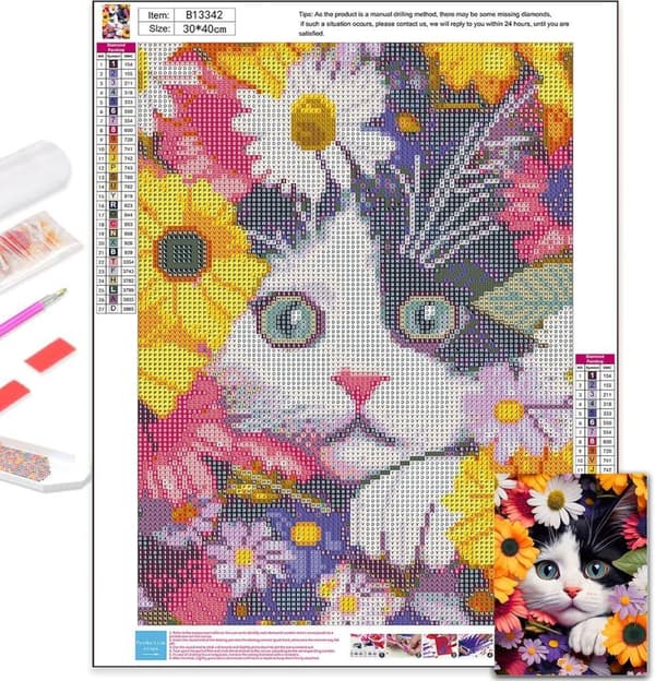 Bomclap Diamantmålning: Blomsterkatt Full Drill DIY 30x40 cm - Pärlkonst Hemma