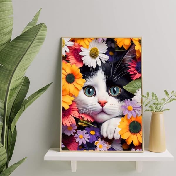 Bomclap Diamantmålning: Blomsterkatt Full Drill DIY 30x40 cm - Pärlkonst Hemma