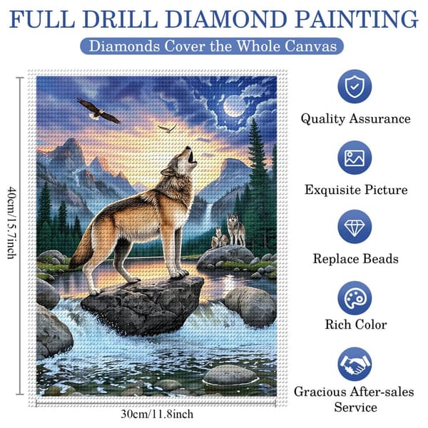 5D Diamantmaleri – Ulv i vildmarken Nat DIY perlekunst for voksne og begyndere, 30x40cm, Boligindretning