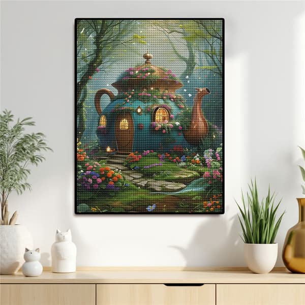 5D Diamond Painting – Magiskt Teakanna Hus i Blommande Skog DIY Pärlkonst för Vuxna & Nybörjare, 30x40cm, Heminredning