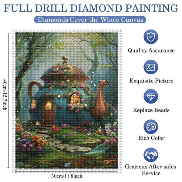 5D Diamond Painting – Magiskt Teakanna Hus i Blommande Skog DIY Pärlkonst för Vuxna & Nybörjare, 30x40cm, Heminredning