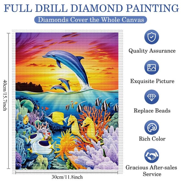 5D Diamond Painting – Färgrik Över - och Undervatten Värld med Delfiner DIY Pärlkonst för Vuxna & Nybörjare, 30x40cm