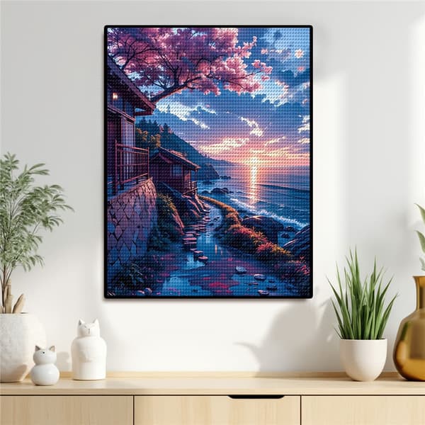 5D Diamond Painting – Kvällstid Sakura Hamnscen DIY Pärlkonst för Vuxna & Nybörjare, 30x40cm, Heminredning