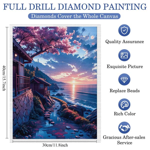 5D Diamond Painting – Kvällstid Sakura Hamnscen DIY Pärlkonst för Vuxna & Nybörjare, 30x40cm, Heminredning