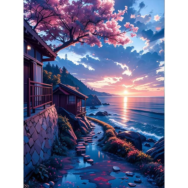 5D Diamond Painting – Kvällstid Sakura Hamnscen DIY Pärlkonst för Vuxna & Nybörjare, 30x40cm, Heminredning