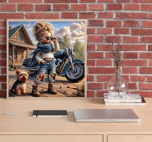 Bomclap Motorcykeltjej & Hund Diamantmålning - 5D Rundpärlekonst