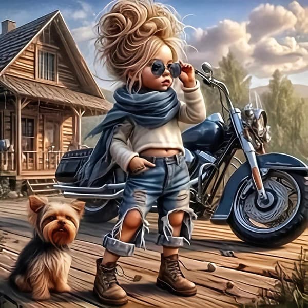 Bomclap Motorcykeltjej & Hund Diamantmålning - 5D Rundpärlekonst