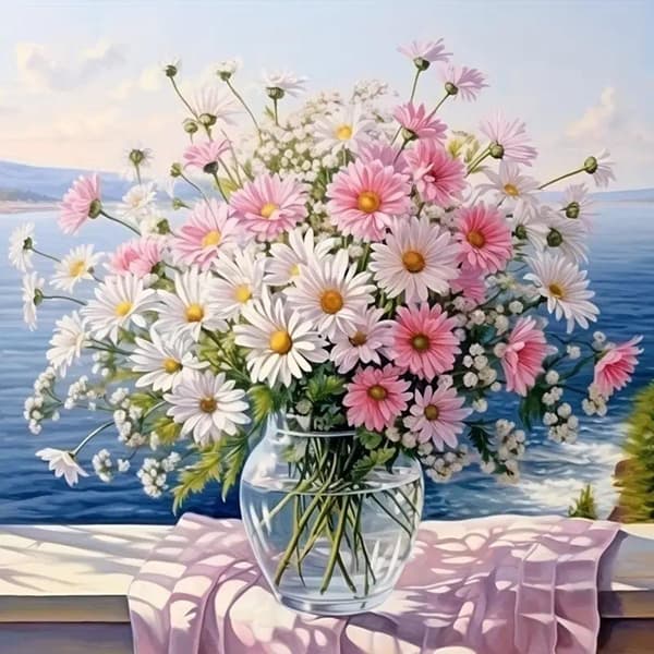 Bomclap Blomster 5D Diamantkit Vuxna – Beginners Diamantmålning! Pink Daisy-vase DIY 5D Gem Art. Diamantkonst Present Hemmawall Decor 35x35cm