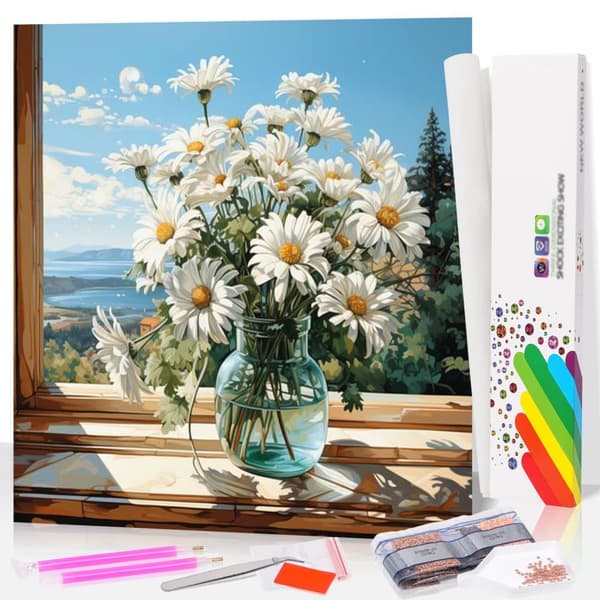 Bomclap Daisy Diamond Art -sarjat aikuisille – kukat maisema 5D pyöreä täysi pora säämiskämaalaus. DIY Art Hobby kodin sisustussarja (14x14 tuumaa)