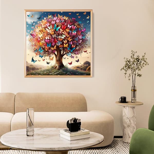 Bomclap Tree of Life Diamond Art Kits för Vuxna – Färgfulla fjärilsträd 5D Rund Full Drill Gemsmålning. DIY Hemdekokit (14x14 tum)