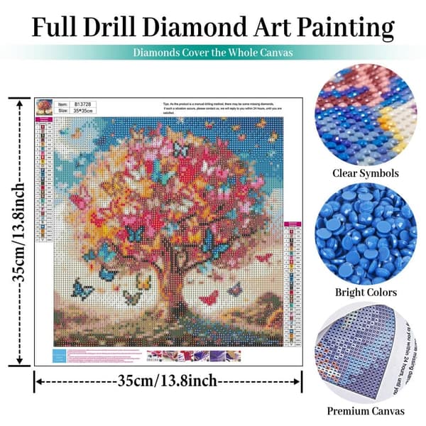 Bomclap Tree of Life Diamond Art Kits för Vuxna – Färgfulla fjärilsträd 5D Rund Full Drill Gemsmålning. DIY Hemdekokit (14x14 tum)