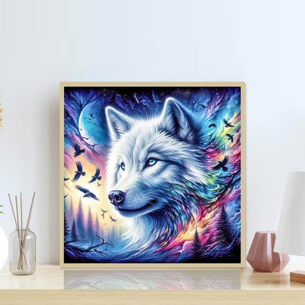 Bomclap Diamond Painting – Magisk Vit Varg i Stjärnklotets Glans DIY 5D Diamantmålning för Vuxna & Nybörjare, 30x30cm