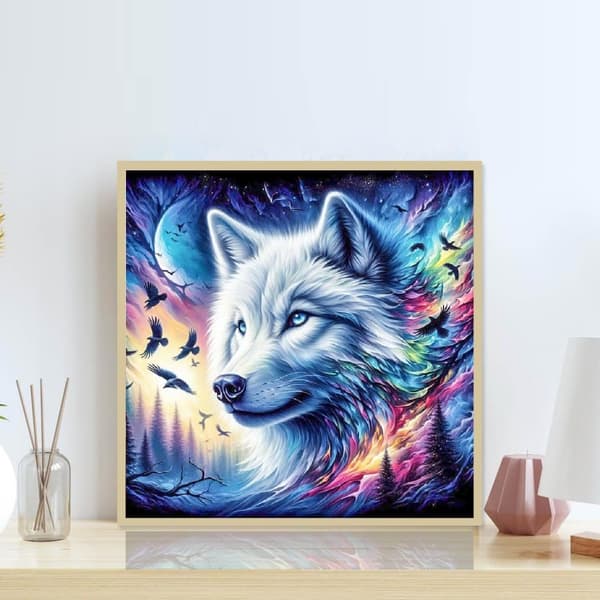 Bomclap Diamond Painting – Magisk Vit Varg i Stjärnklotets Glans DIY 5D Diamantmålning för Vuxna & Nybörjare, 30x30cm