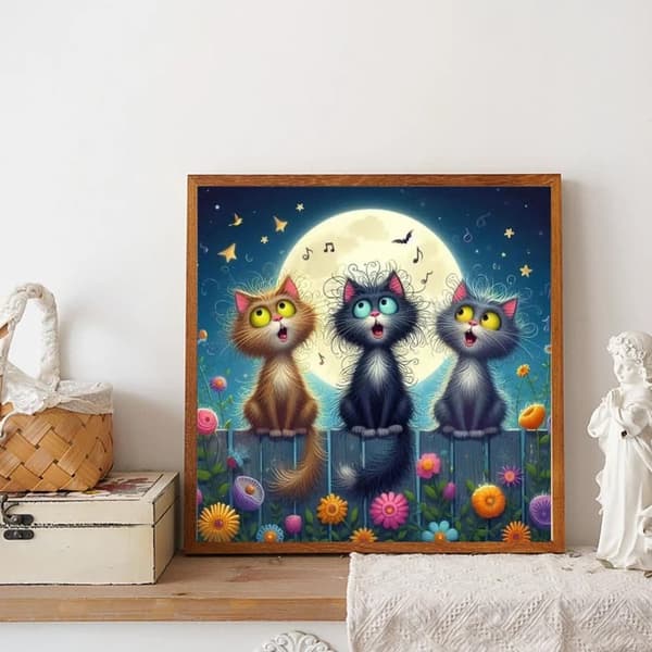 Bomclap Diamond Painting – Katter i Månskenskväll med Musik DIY 5D Diamantmålning för Vuxna & Nybörjare, 30x30cm