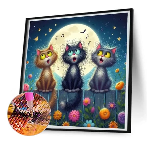 Bomclap Diamond Painting – Katter i Månskenskväll med Musik DIY 5D Diamantmålning för Vuxna & Nybörjare, 30x30cm