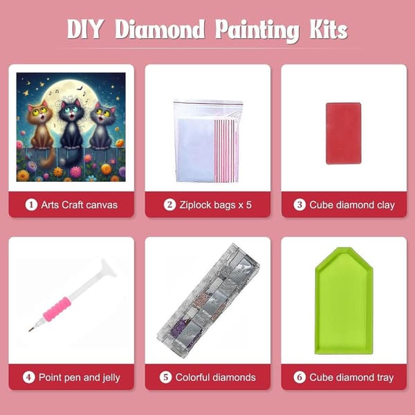 Bomclap Diamond Painting – Katter i Månskenskväll med Musik DIY 5D Diamantmålning för Vuxna & Nybörjare, 30x30cm