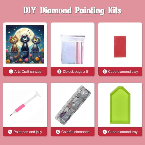 Bomclap Diamond Painting – Katter i Månskenskväll med Musik DIY 5D Diamantmålning för Vuxna & Nybörjare, 30x30cm