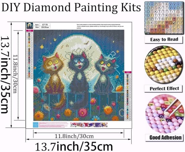 Bomclap Diamond Painting – Katter i Månskenskväll med Musik DIY 5D Diamantmålning för Vuxna & Nybörjare, 30x30cm